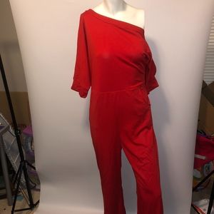 Womens Red One-Shoulder Long Sleeve Jumpsuit L